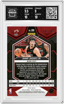 Jaime Jaquez Jr. from the 2023-24 Panini Mosaic set featuring a Pink Mosaic parallel graded by Arena Club and given an overall grade of 9.5.