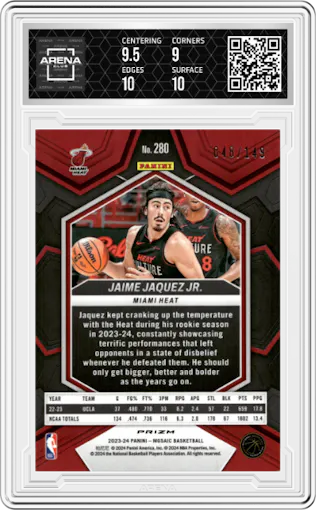 Jaime Jaquez Jr. from the 2023-24 Panini Mosaic set featuring a Pink Mosaic parallel graded by Arena Club and given an overall grade of 9.5.
