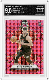 Jaime Jaquez Jr. from the 2023-24 Panini Mosaic set featuring a Pink Mosaic parallel graded by Arena Club and given an overall grade of 9.5.