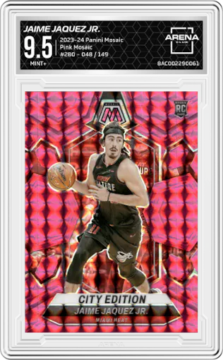 Jaime Jaquez Jr. from the 2023-24 Panini Mosaic set featuring a Pink Mosaic parallel graded by Arena Club and given an overall grade of 9.5.