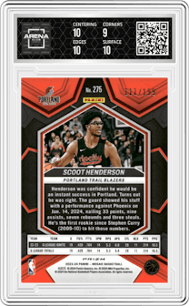 Scoot Henderson from the 2023-24 Panini Mosaic set featuring a Blue Mosaic parallel graded by Arena Club and given an overall grade of 9.5.