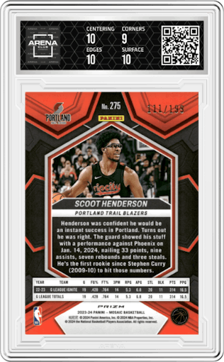 Scoot Henderson from the 2023-24 Panini Mosaic set featuring a Blue Mosaic parallel graded by Arena Club and given an overall grade of 9.5.