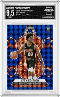 Scoot Henderson from the 2023-24 Panini Mosaic set featuring a Blue Mosaic parallel graded by Arena Club and given an overall grade of 9.5.