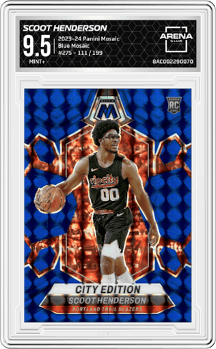 Scoot Henderson from the 2023-24 Panini Mosaic set featuring a Blue Mosaic parallel graded by Arena Club and given an overall grade of 9.5.