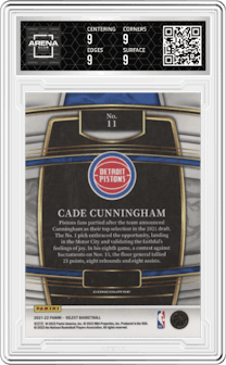 Cade Cunningham from the 2021-22 Panini Select set graded by Arena Club and given an overall grade of 9.