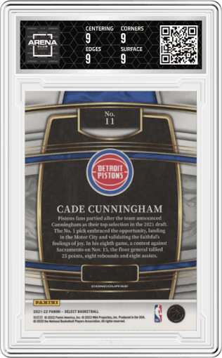 Cade Cunningham from the 2021-22 Panini Select set graded by Arena Club and given an overall grade of 9.