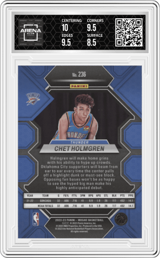Chet Holmgren from the 2022-23 Panini Mosaic set graded by Arena Club and given an overall grade of 9.