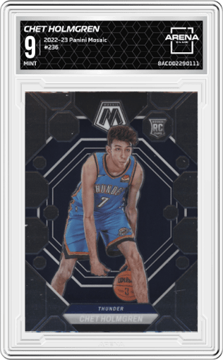 Chet Holmgren from the 2022-23 Panini Mosaic set graded by Arena Club and given an overall grade of 9.