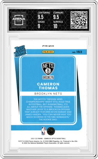 Cameron Thomas from the 2021-22 Panini Donruss Optic set featuring a Blue Velocity parallel graded by Arena Club and given an overall grade of 9.5.