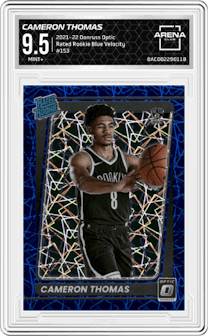 Cameron Thomas from the 2021-22 Panini Donruss Optic set featuring a Blue Velocity parallel graded by Arena Club and given an overall grade of 9.5.