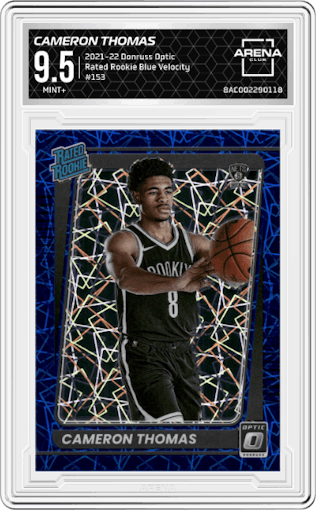 Cameron Thomas from the 2021-22 Panini Donruss Optic set featuring a Blue Velocity parallel graded by Arena Club and given an overall grade of 9.5.