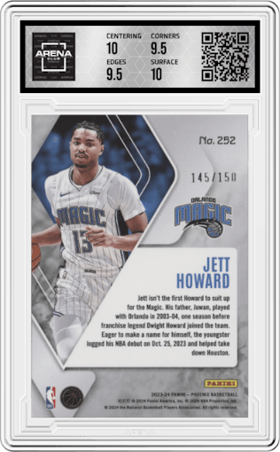 Jett Howard from the 2023-24 Panini Phoenix set featuring a Purple parallel graded by Arena Club and given an overall grade of 10.