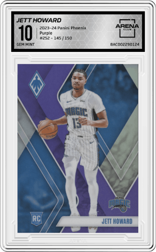 Jett Howard from the 2023-24 Panini Phoenix set featuring a Purple parallel graded by Arena Club and given an overall grade of 10.