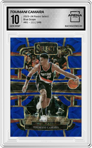 Toumani Camara from the 2023-24 Panini Select  set featuring a Blue Scope parallel graded by Arena Club and given an overall grade of 10.