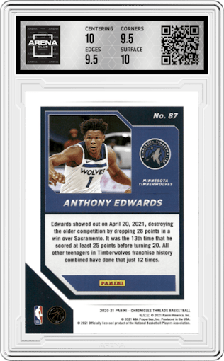 Anthony Edwards from the 2020-21 Panini Chronicles set graded by Arena Club and given an overall grade of 10.