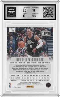 Russell Westbrook from the 2023-24 Panini Prizm Deca set featuring a Blue Prizm parallel graded by Arena Club and given an overall grade of 10.