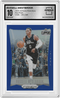 Russell Westbrook from the 2023-24 Panini Prizm Deca set featuring a Blue Prizm parallel graded by Arena Club and given an overall grade of 10.