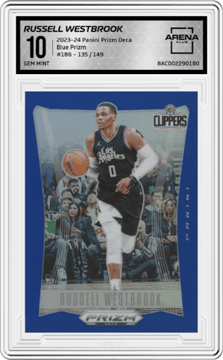 Russell Westbrook from the 2023-24 Panini Prizm Deca set featuring a Blue Prizm parallel graded by Arena Club and given an overall grade of 10.