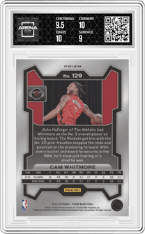 Cam Whitmore from the 2023-24 Panini Prizm set featuring a Silver Prizm  parallel graded by Arena Club and given an overall grade of 9.5.