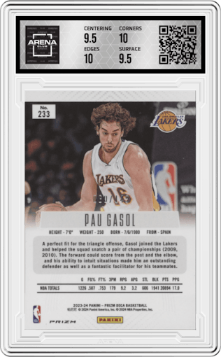 Pau Gasol from the 2023-24 Panini Prizm Deca set featuring a Blue Prizm parallel graded by Arena Club and given an overall grade of 10.