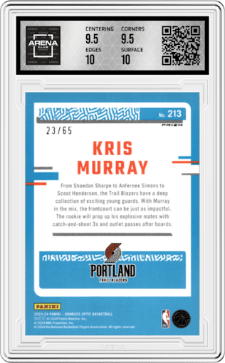 Kris Murray from the 2023-24 Donruss Optic set featuring a Green International parallel graded by Arena Club and given an overall grade of 10.