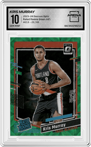 Kris Murray from the 2023-24 Donruss Optic set featuring a Green International parallel graded by Arena Club and given an overall grade of 10.