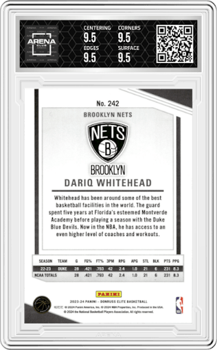 Dariq Whitehead  from the 2023-24 Panini Donruss Elite set featuring a Orange parallel graded by Arena Club and given an overall grade of 9.5.
