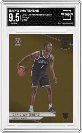 Dariq Whitehead  from the 2023-24 Panini Donruss Elite set featuring a Orange parallel graded by Arena Club and given an overall grade of 9.5.
