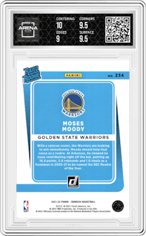 Moses Moody from the 2021-22 Panini Donruss set featuring a Orange Holo Laser parallel graded by Arena Club and given an overall grade of 9.5.