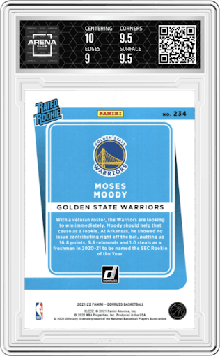 Moses Moody from the 2021-22 Panini Donruss set featuring a Orange Holo Laser parallel graded by Arena Club and given an overall grade of 9.5.