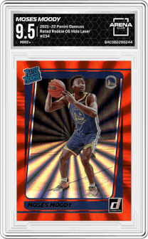 Moses Moody from the 2021-22 Panini Donruss set featuring a Orange Holo Laser parallel graded by Arena Club and given an overall grade of 9.5.
