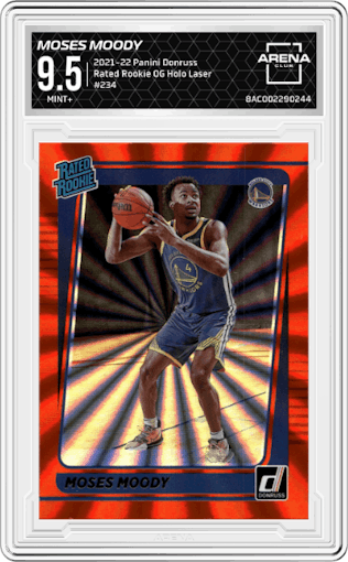 Moses Moody from the 2021-22 Panini Donruss set featuring a Orange Holo Laser parallel graded by Arena Club and given an overall grade of 9.5.