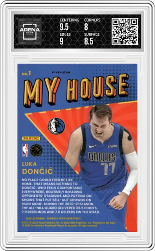 Luka Doncic from the 2021-22 Panini Donruss Optic set featuring a Holo parallel graded by Arena Club and given an overall grade of 8.5.