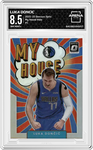 Luka Doncic from the 2021-22 Panini Donruss Optic set featuring a Holo parallel graded by Arena Club and given an overall grade of 8.5.