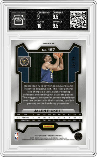 Jalen Pickett from the 2023-24 Panini Prizm set featuring a Fast Break Purple parallel graded by Arena Club and given an overall grade of 9.5.