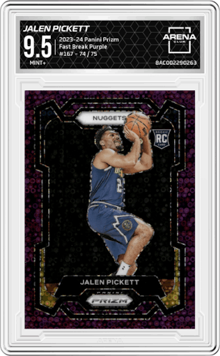 Jalen Pickett from the 2023-24 Panini Prizm set featuring a Fast Break Purple parallel graded by Arena Club and given an overall grade of 9.5.