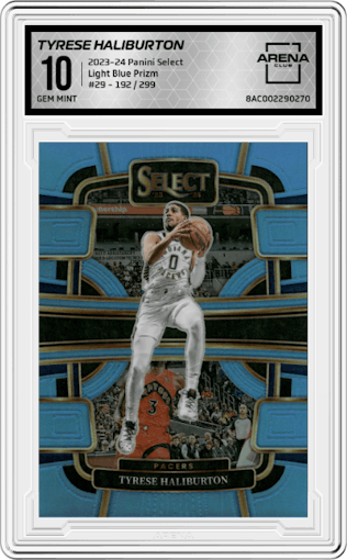 Tyrese Haliburton from the 2023-24 Panini Select  set featuring a Light Blue Prizm parallel graded by Arena Club and given an overall grade of 10.