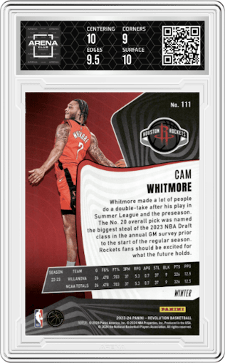 Cam Whitmore from the 2023-24 Panini Revolution set featuring a Winter parallel graded by Arena Club and given an overall grade of 9.5.