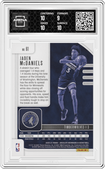 Jaden McDaniels from the 2020-21 Panini Absolute Memorabilia set featuring a Blue  parallel graded by Arena Club and given an overall grade of 9.5.