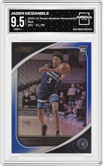 Jaden McDaniels from the 2020-21 Panini Absolute Memorabilia set featuring a Blue  parallel graded by Arena Club and given an overall grade of 9.5.
