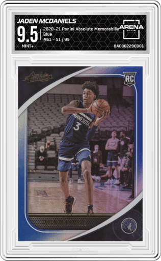 Jaden McDaniels from the 2020-21 Panini Absolute Memorabilia set featuring a Blue  parallel graded by Arena Club and given an overall grade of 9.5.
