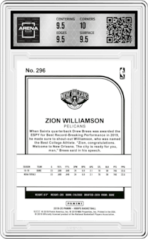 Zion Williamson from the 2019-20 Panini NBA Hoops set graded by Arena Club and given an overall grade of 10.
