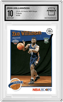 Zion Williamson from the 2019-20 Panini NBA Hoops set graded by Arena Club and given an overall grade of 10.