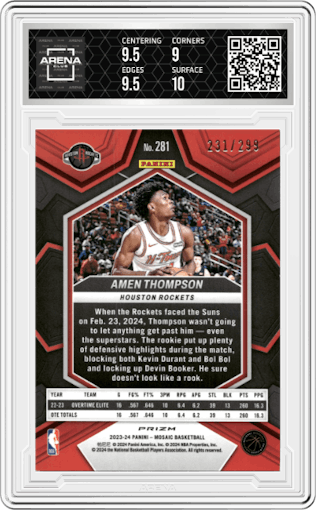 Amen Thompson from the 2023-24 Panini Mosaic set featuring a Red Seismic parallel graded by Arena Club and given an overall grade of 9.5.