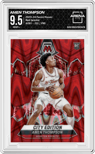 Amen Thompson from the 2023-24 Panini Mosaic set featuring a Red Seismic parallel graded by Arena Club and given an overall grade of 9.5.