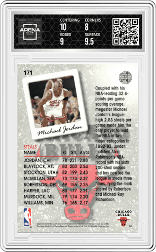 Michael Jordan from the 1993-94 Upper Deck  set graded by Arena Club and given an overall grade of 8.5.