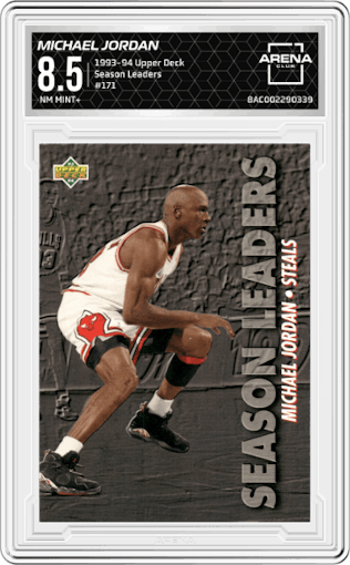 Michael Jordan from the 1993-94 Upper Deck  set graded by Arena Club and given an overall grade of 8.5.