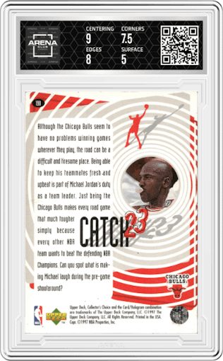Michael Jordan from the 1997-98 Upper Deck Collector's Choice set graded by Arena Club and given an overall grade of 5.5.