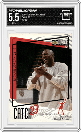 Michael Jordan from the 1997-98 Upper Deck Collector's Choice set graded by Arena Club and given an overall grade of 5.5.