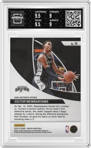 Victor Wembanyama from the 2023-24 Panini Mosaic set graded by Arena Club and given an overall grade of 9.5.